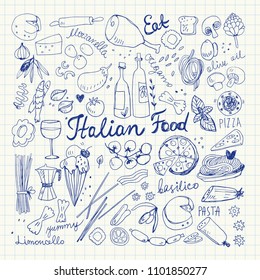 Hand Drawn  Italian Food Doodles. Vector Illustration. Pen Drawing