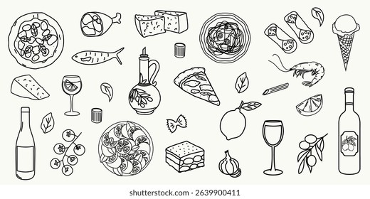 Hand drawn Italian food doodles. Pizza, pasta, cheese, wine, olives, olive oil, gelato, cannoli, tomato, shrimp, garlic, lemon, prosciutto. Traditional Italian cuisine vector set.