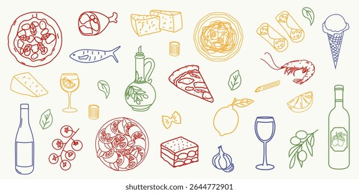 Garatujas italianas desenhadas à mão. Pizza, massas, queijo, vinho, azeitonas, azeite de oliva, gelato, cannoli, tomate, camarão, alho, limão, presunto. Conjunto de vetor cozinha tradicional italiana.