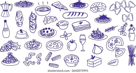 Hand drawn Italian food icon doodle vector set featuring pizza, pasta, herbs, desserts, and drinks. Perfect for menus, packaging, and social posts. Hand-drawn, fun, modern, and foodie-themed elements.