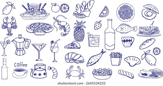 Ícone de comida italiano desenhado à mão doodle vetor set com pizza, massa, ervas, sobremesas e bebidas. Perfeito para menus, embalagens e postes sociais. Elementos desenhados à mão, divertidos, modernos e com temática gastronômica.