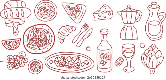 Hand drawn Italian food icon doodle vector set featuring pizza, pasta, herbs, desserts, and drinks. Perfect for menus, packaging, and social posts. Hand-drawn, fun, modern, and foodie-themed elements.