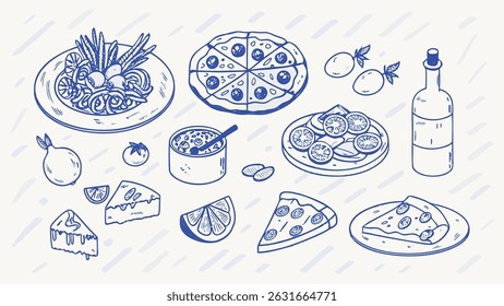 Desenhado à mão italiano Comida ilustrações Uma coleção encantadora de férias de verão temático pizza massas e desenhos de gelato