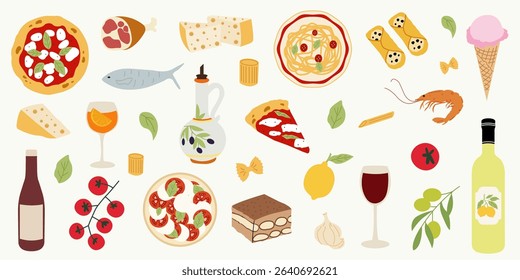 Hand drawn Italian food illustrations. Pizza, pasta, cheese, tomato, olive oil, wine, shrimp, garlic, lemon. Traditional Mediterranean cuisine. Vector flat design for print, menu, sticker.
