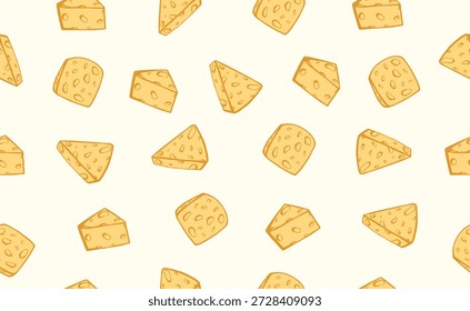 Dibujado a mano patrón de comida italiana en estilo doodle. Piezas de queso en estilo de crayón peculiar. Italia ingrediente, trozo de queso, elemento de cena mediterránea para pasta, menú. Esbozo de doodle mínimo. Ilustración vectorial.