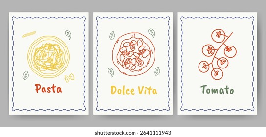 Hand drawn Italian food poster set. Spaghetti pasta bowl, Margherita pizza, cherry tomatoes. Cute minimalist kitchen wall art. Vector flat doodle illustration.