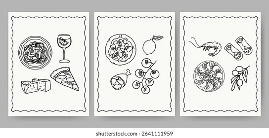 Hand drawn Italian food poster set. Spaghetti pasta bowl, Margherita pizza, cherry tomatoes. Cute minimalist kitchen wall art. Vector flat doodle illustration.