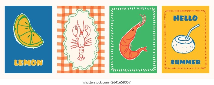 Hand drawn italian food poster. Dolce vita Italy postcards. Chalk crayon sketch dish with mediterranean seafood, lobster, lemon, fruit shrimps for menu, cafe, flat wall art. Doodle vector illustration