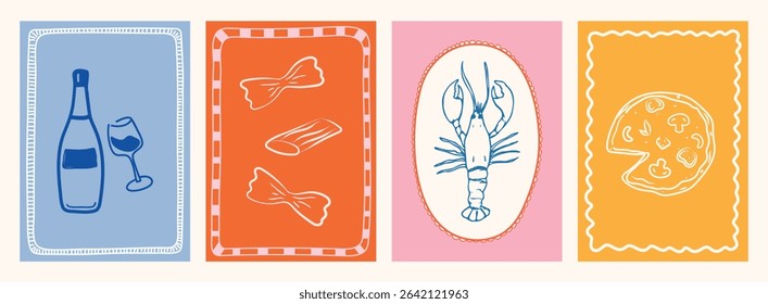 Hand drawn italian food poster. Dolce vita Italy postcards. Chalk crayon sketch dish with pizza, pasta, bottle wine, mediterranean seafood, lobster for menu, cafe, wall art. Doodle vector illustration