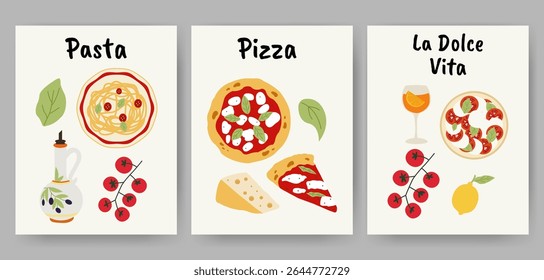 Hand drawn Italian food poster set. Spaghetti pasta bowl, Margherita pizza, cherry tomatoes. Cute minimalist kitchen wall art. Vector flat illustration.