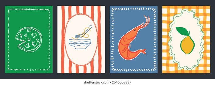 Hand drawn italian food poster. Dolce vita Italy postcards. Chalk crayon sketch dish with pizza, pasta, mediterranean seafood, lemon, shrimps for menu, cafe, flat wall art. Doodle vector illustration.