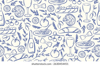 Hand drawn italian food seamless pattern. Chalk crayon sketch dish with pizza, cheese, pasta, croissant, olives, bottle wine, italy ingredients for menu in doodle style. Vector illustration.