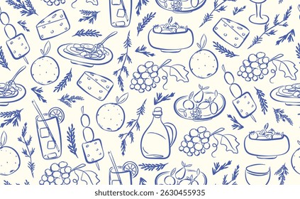 Hand drawn italian food seamless pattern. Chalk crayon sketch dish with pizza, cheese, pasta, olives, bottle wine, italy ingredients for menu in doodle style. Vector illustration.