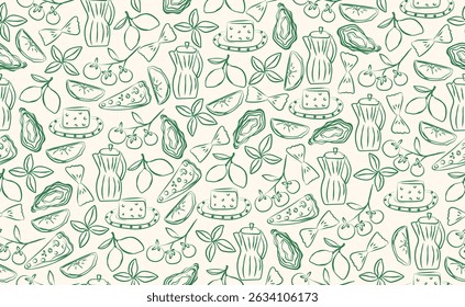 Hand drawn italian food seamless pattern. Chalk crayon sketch dish with pizza, cheese, pasta, oyster, tomato, olives, italy ingredients for menu in doodle style. Vector illustration.