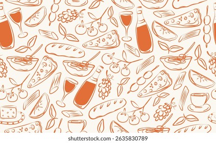 Hand drawn italian food seamless pattern. Chalk crayon sketch dish with pizza, cheese, pasta, tomatoes, olives, bottle wine, italy ingredients for menu in doodle style. Vector illustration.