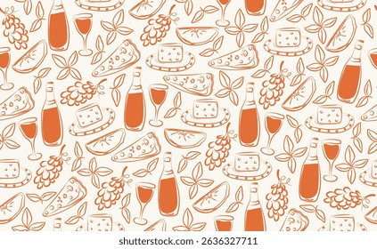 Hand drawn italian food seamless pattern. Chalk crayon sketch dish with pizza, cheese, pasta, grapes, basil, bottle wine, italy ingredients for menu in doodle style. Vector illustration.