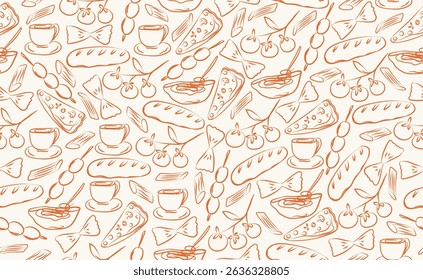 Hand drawn italian food seamless pattern. Chalk crayon sketch dish with pizza, cheese, pasta, spaghetti, tomatoes, olives, italy ingredients for menu in doodle style. Vector illustration.
