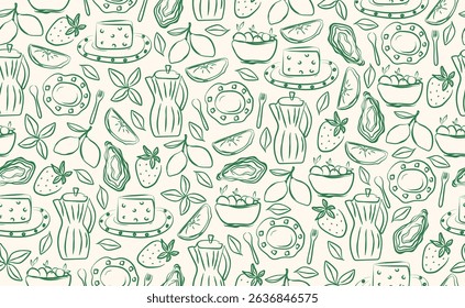 Hand drawn italian food seamless pattern. Chalk crayon sketch dish with pizza, cheese, pasta, oyster, lemon, basil, italy ingredients for menu in doodle style. Vector illustration.