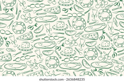 Hand drawn italian food seamless pattern. Chalk crayon sketch dish with pizza, cheese, pasta, oyster, fish, olives, italy ingredients for menu in doodle style. Vector illustration.