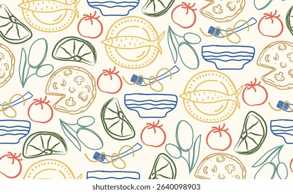 Hand drawn italian food seamless pattern. Color Chalk crayon sketch dish with pizza, pasta, tomato, olives, lemon, fish, italy ingredients for menu in doodle style. Vector illustration.