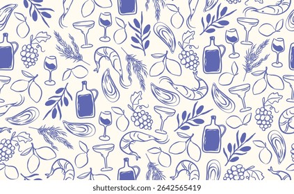 Padrão sem emenda de comida italiana desenhado à mão. Giz creiom esboço prato com pizza, massa, azeitonas, vinho de garrafa, frutos do mar mediterrâneo, ostra, frutas, itália ingredientes para menu em estilo doodle. Vetor doente