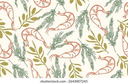 Hand drawn italian food seamless pattern. Chalk crayon sketch dish with shrimps, olive, mediterranean seafood, Italy ingredients for menu, cafe, print. Flat summer background. Doodle vector illustrati