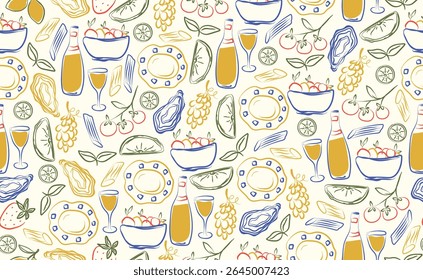Hand drawn italian food seamless pattern. Chalk crayon sketch dish with pizza, cheese, pasta, tomatoes, oyster, bottle wine, italy ingredients for menu in doodle style. Vector illustration.