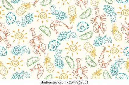 Hand drawn italian food seamless pattern. Color Chalk crayon sketch dish with lobster, shrimps, mediterranean seafood, lemon, tropical fruits, italy ingredients for menu. Doodle vector illustration.
