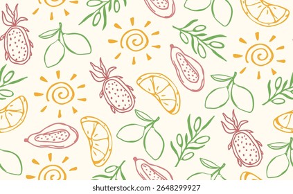 Hand drawn italian food seamless pattern. Color chalk crayon sketch dish with mediterranean seafood, olives, lemon, tropical fruits, italy ingredients for menu. Doodle vector illustration.