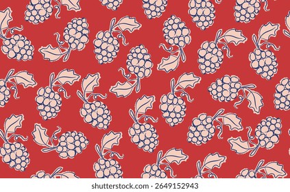 Hand drawn italian food seamless pattern. Color chalk crayon sketch dish with grape. Italy ingredients for menu, cafe, print, in doodle style. Dolce vita vector illustration on red background.