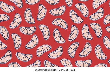 Hand drawn italian food seamless pattern. Color chalk crayon sketch dish with lemon. Italy ingredients for menu, cafe, print, in doodle style. Dolce vita vector illustration on red background.
