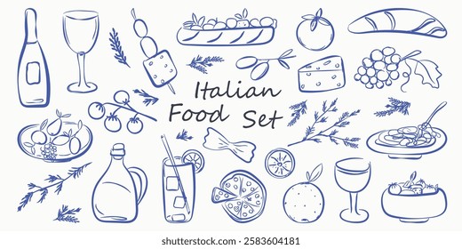 Hand drawn italian food set in doodle style. Chalk crayon sketch dish with pizza, cheese, pasta, croissant, olives, bottle wine, italy ingredients. Charcoal collection of dinners for menu. Vector illu