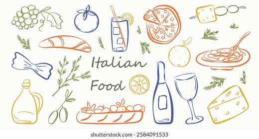 Hand drawn italian food set in doodle style. Chalk crayon sketch dish with pizza, cheese, pasta, croissant, olives, bottle wine, italy ingredients. Charcoal collection of dinners for menu. Vector illu