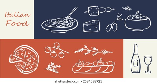 Hand drawn italian food set in doodle style. Chalk crayon sketch dish with pizza, cheese, pasta, croissant, olives, bottle wine, italy ingredients. Charcoal collection of dinners for menu. Vector illu