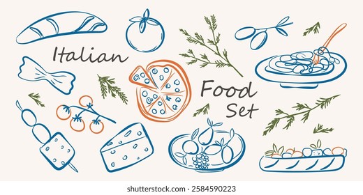 Hand drawn italian food set in doodle style. Chalk crayon sketch dish with pizza, cheese, pasta, croissant, olives, bottle wine, italy ingredients. Charcoal collection of dinners for menu. Vector illu