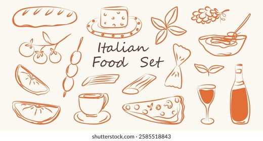 Hand drawn italian food set in doodle style. Chalk crayon sketch dish with pizza, cheese, pasta, croissant, olives, bottle wine, italy ingredients. Charcoal collection of dinners for menu. Vector illu