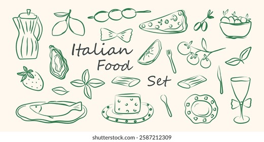 Hand drawn italian food set in chalk crayon style. Doodle sketch dish with pizza, cheese, pasta, olives, oyster, italy ingredients. Charcoal collection of dinners for menu, wedding. Vector illustratio