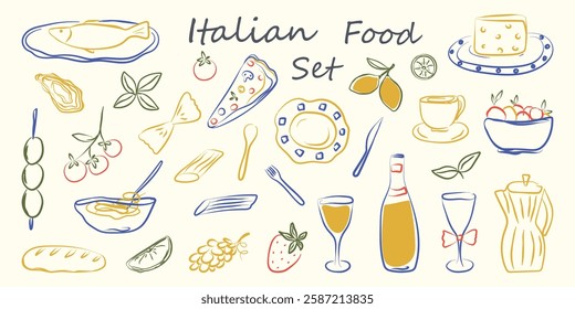 Hand drawn italian food set in chalk crayon style. Doodle sketch dish with pizza, cheese, pasta, olives, oyster, italy ingredients. Charcoal collection of dinners for menu, wedding. Vector illustratio