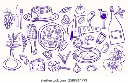 Hand drawn Italian food set. Bread, wine, cheese, olives, grapes, tomatoes and dishes are suitable for personal design. Vector illustration