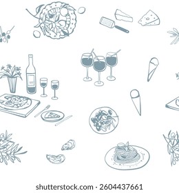 Hand drawn Italian food in sketch style seamless pattern