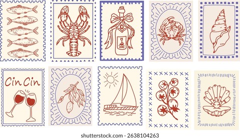 Hand drawn Italian food and summer travel stamps. Vintage Mediterranean seafood, wine, tomato, olive, shell, boat, lemon doodles. Retro coastal vacation vector art for poster, card, menu.
