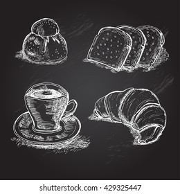 Hand drawn italian or frenchbreakfast elements, can be used for vintage food invitations, cards, prints, patterns, emblems, bakery, restaurant, cafe menu.Chalboard food background.