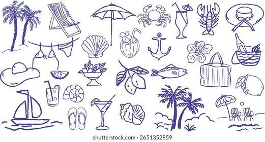 Ilustrações de férias de verão grego italiano desenhadas à mão. Elementos de doodle vintage com limões, vinho, comida do mar e palmeiras. Giz, carvão, arte de esboço grunge para cartazes, impressões de viagens, cartazes.