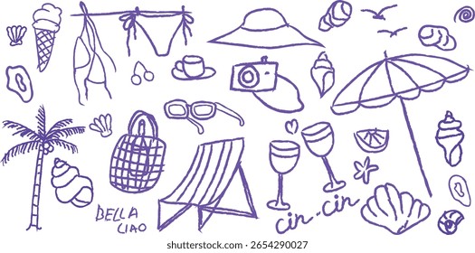 Ilustrações de férias de verão grego italiano desenhadas à mão. Elementos de doodle vintage com limões, vinho, comida do mar e palmeiras. Giz, carvão, arte de esboço grunge para cartazes, impressões de viagens, cartazes.	