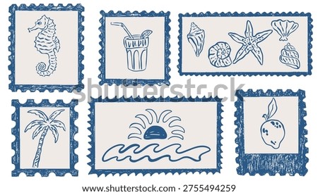 Hand drawn Italian holiday post stamps set. Vintage sicilia amalfi sticker. Vector retro frame border, mediterranean coastal vacation doodles for summer emblem, placard or poster.