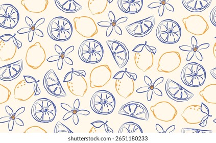 Hand drawn italian lemon seamless pattern. Whimsical blue, yellow summer print. Italy citrus floral sketch. Fruit background for wedding, packaging, fabric, wrapping paper. Trendy vector illustration.