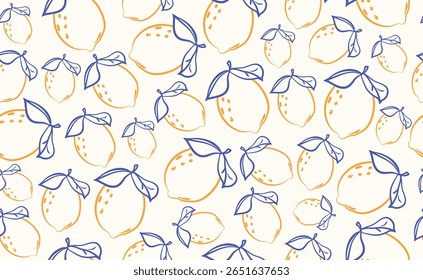 Hand drawn italian lemon seamless pattern. Whimsical blue, yellow summer print. Italy citrus floral sketch. Fruit background for wrapping paper, wedding, packaging, fabric. Trendy vector illustration
