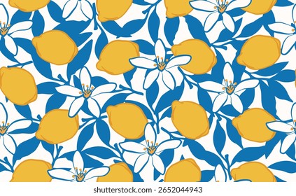 Hand drawn italian lemon seamless pattern. Whimsical blue, yellow summer print. Italy citrus floral sketch. Fruit background for wedding, packaging, fabric, wrapping paper. Trendy vector illustration
