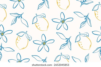 Hand drawn italian lemon seamless pattern. Whimsical blue, yellow summer print. Italy citrus floral sketch. Fruit background for wedding, packaging, fabric, wrapping paper. Trendy vector illustration
