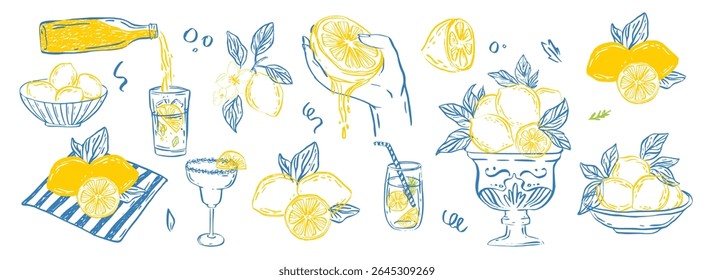 Hand drawn Italian limoncello, fresh lemons, juice squeeze, summer drinks, bowl fruits. Whimsical Mediterranean sketch set for summer branding, party decor, wedding prints.